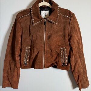 UL Crazy Life Cropped Brown Cow Suede Studded Jacket Western Boho L NWOT‎
